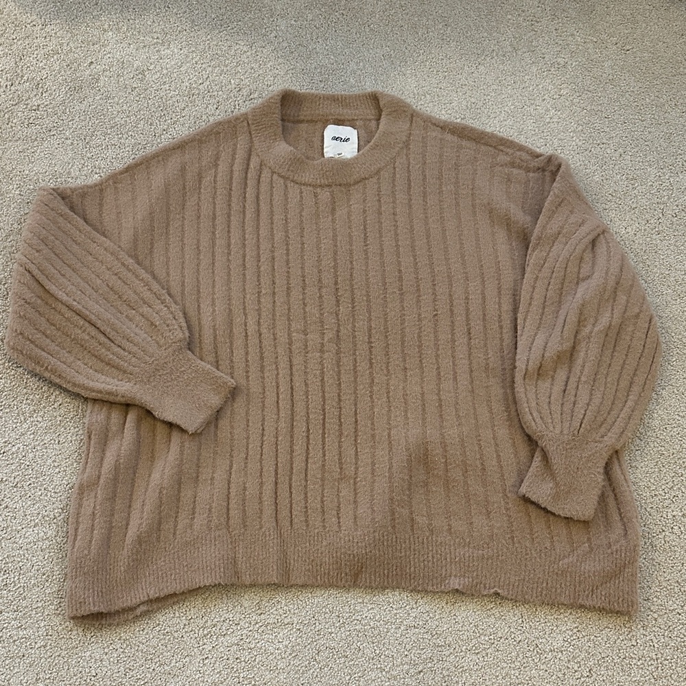 Aerie Soft Ribbed Knit Sweater in Tan